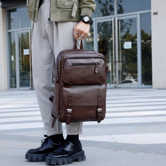 PU Casual Backpack，Men's casual Leather laptop backpack，Daily commuter leather b - Picture 5 of 9